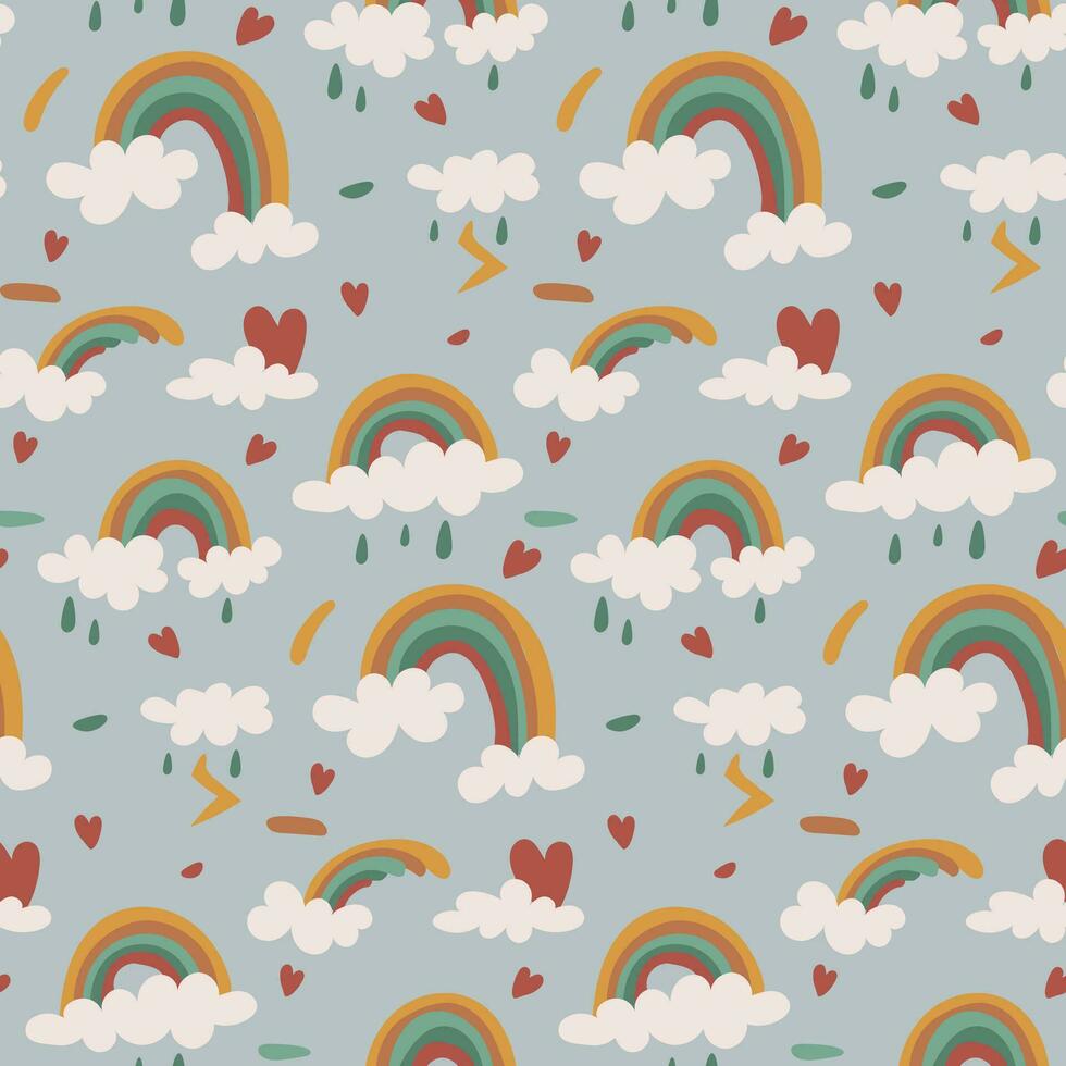 modèle arc-en-ciel, nuage, pluie, orage bleu Contexte. arc en ciel sans couture modèle, dessin animé vecteur illustration. enfants texture pour impression sur en tissu et papier. cadeau emballage