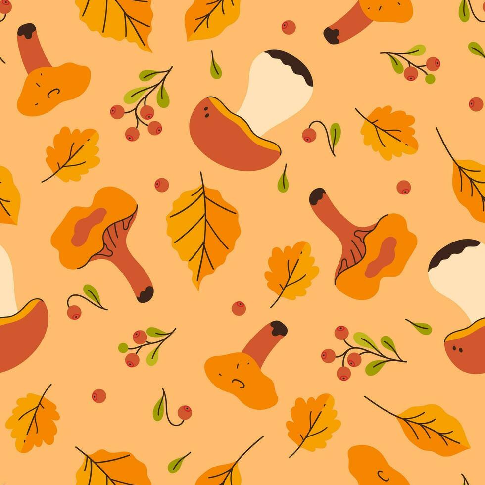 l'automne sans couture modèle avec baies, champignons et feuilles. vecteur graphique.