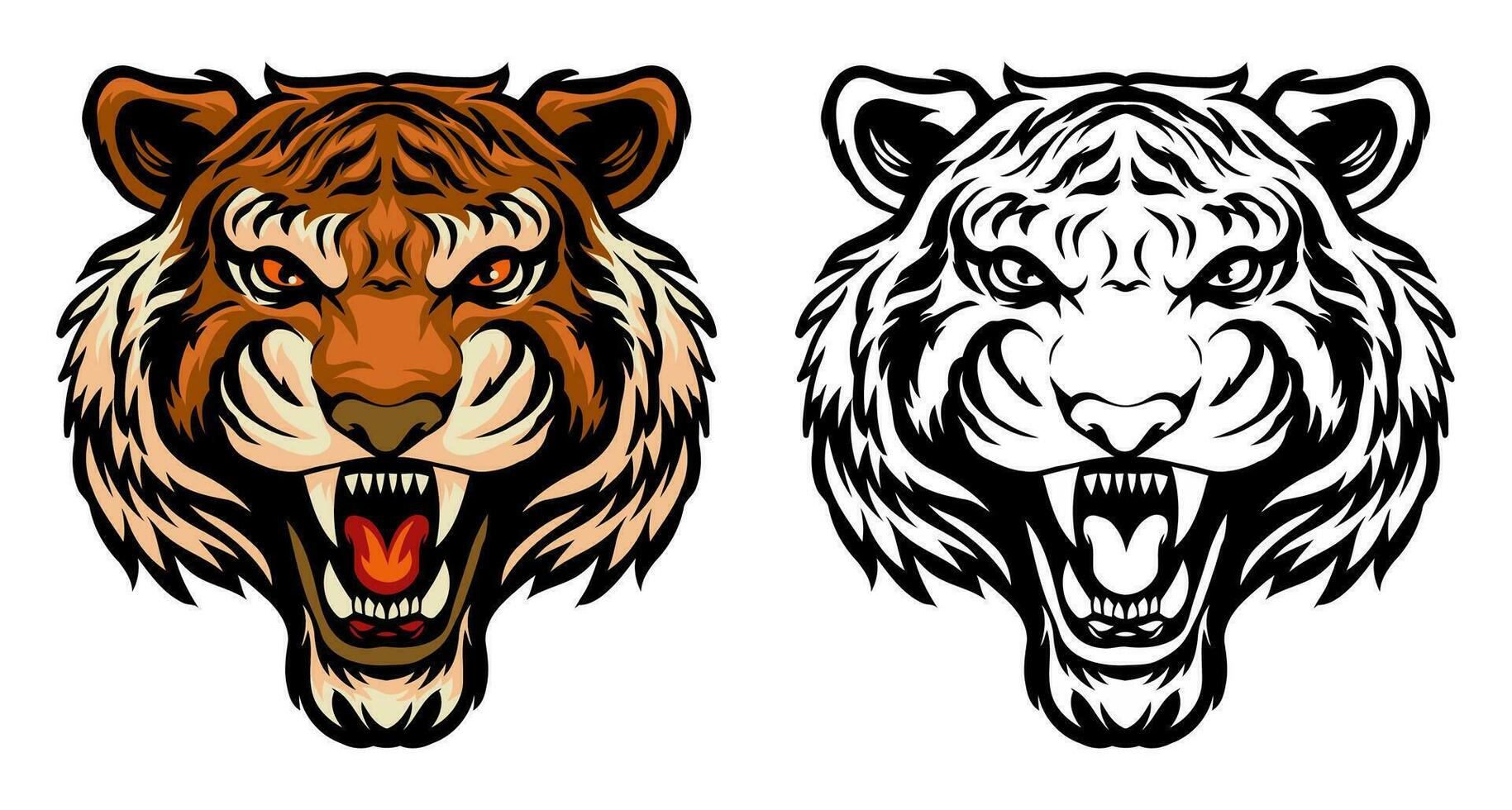 tigre tête illustration plein coloré, noir et blanc, dans ancien style vecteur