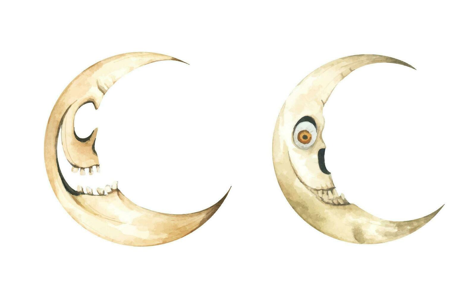 ensemble de lune avec visage dans ancien style. aquarelle illustration vecteur