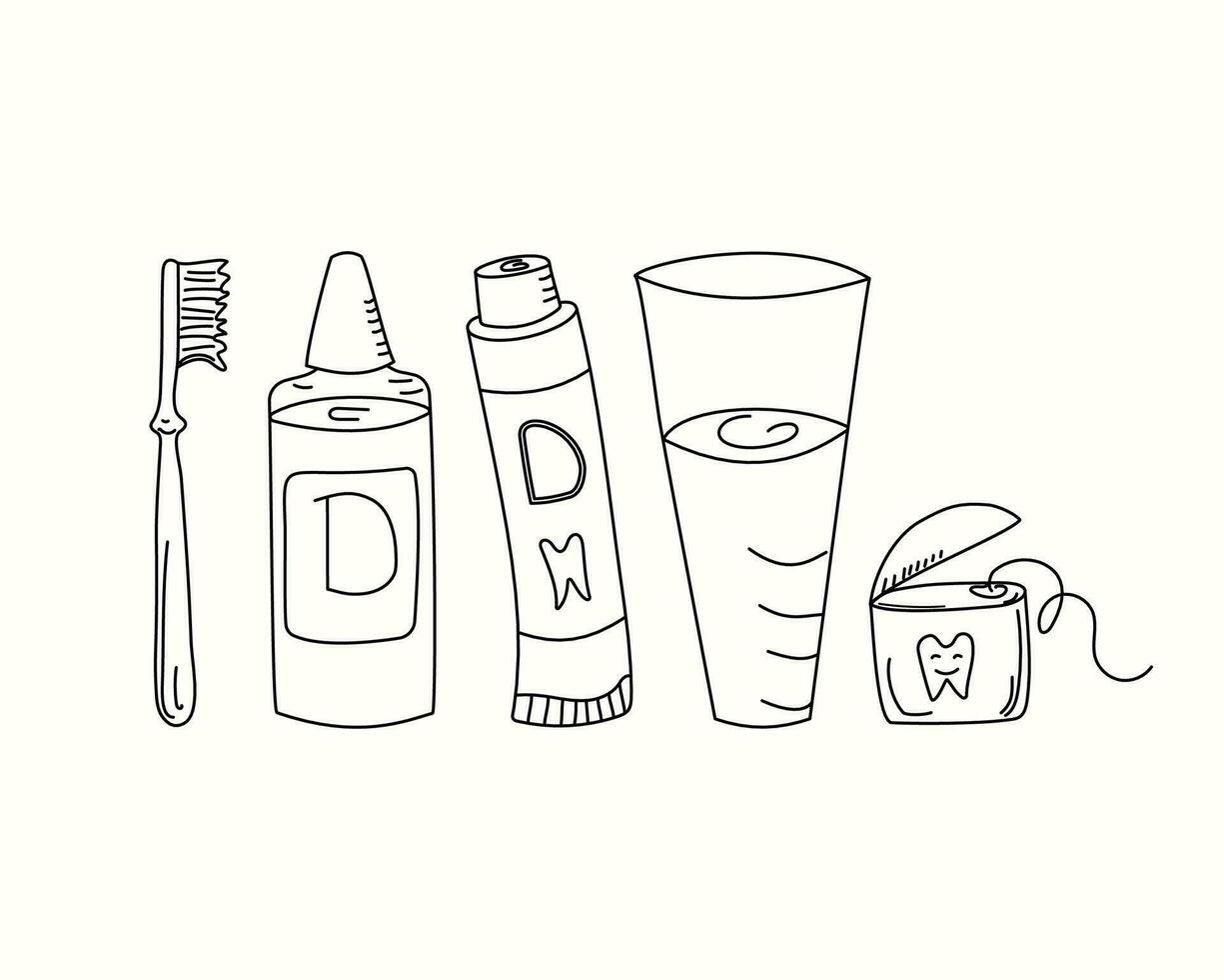 dentifrice et brosse à dents. ensemble pour nettoyage et soins pour dents. hygiène et santé. dentisterie dessin animé Icônes. griffonnage, vecteur illustration sur une blanc isolé Contexte.