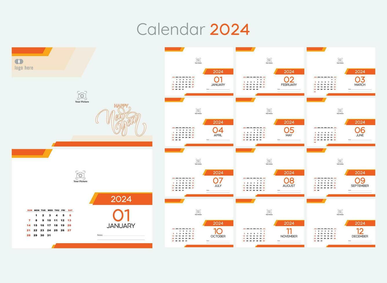 calendrier 2024 la semaine début la semaine entreprise conception modèle vecteur. mur calendrier 2024. exemple de un image avec engrener. calendrier pour 2024 vecteur