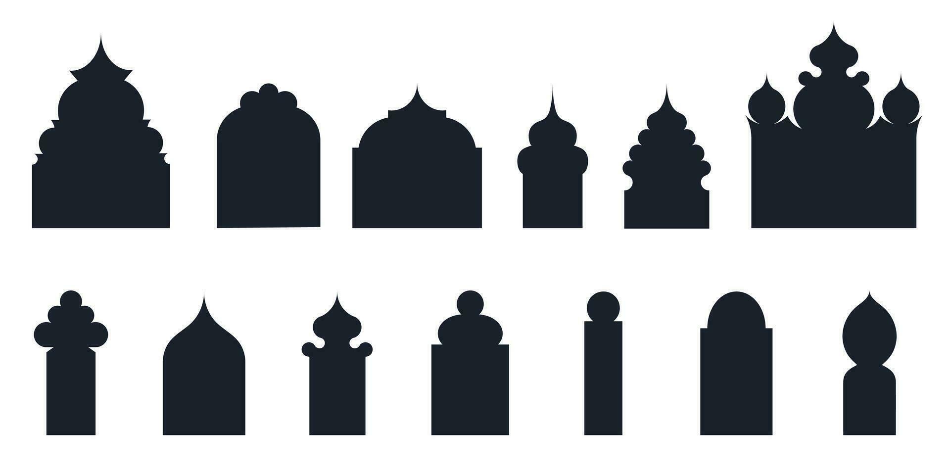 collection de arabe Oriental les fenêtres, arches et des portes. moderne conception dans noir pour cadres, motifs mosquée dôme et lanternes islamique Ramadan kareem et eid mubarak style. vecteur illustration