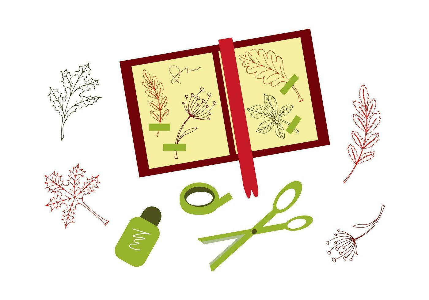 création de une herbier. séché feuilles et brindilles de les plantes sur le pages de le album, ciseaux, colle, adhésif ruban et les plantes sur le tableau. vecteur illustration.