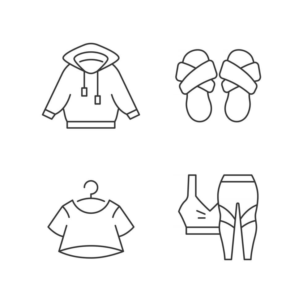 pyjama pour jeu d'icônes linéaires à la maison. chemise à capuche. pantoufles à bandes croisées. haut court. vêtements de sport à la mode. symboles de contour de ligne mince personnalisables. illustrations de contour de vecteur isolé. trait modifiable