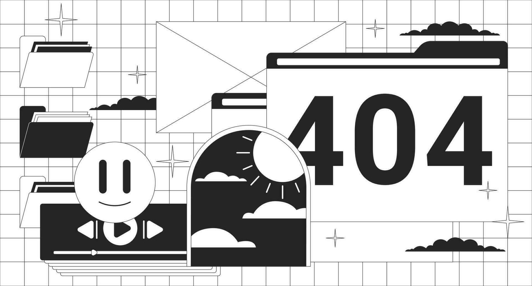 y2k ordinateur interface noir blanc Erreur 404 éclat message. Années 90 Dossiers, émoji. monochrome atterrissage page ui conception. ne pas a trouvé dessin animé image, rêveur vibrations. vecteur plat contour illustration concept