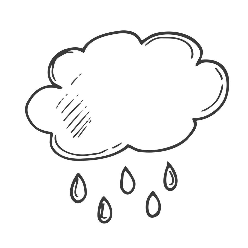 nuage avec gouttes, nuage, pluie. noir et blanc illustration dans le griffonnage style. vecteur