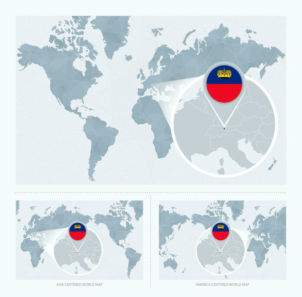 agrandie Liechtenstein plus de carte de le monde, 3 versions de le monde carte avec drapeau et carte de liechtenstein. vecteur