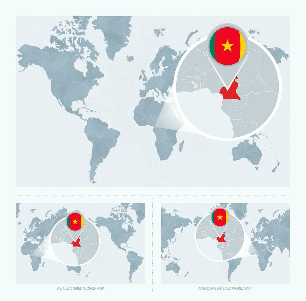 agrandie Cameroun plus de carte de le monde, 3 versions de le monde carte avec drapeau et carte de Cameroun. vecteur