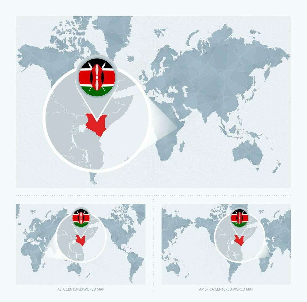 agrandie Kenya plus de carte de le monde, 3 versions de le monde carte avec drapeau et carte de Kenya. vecteur