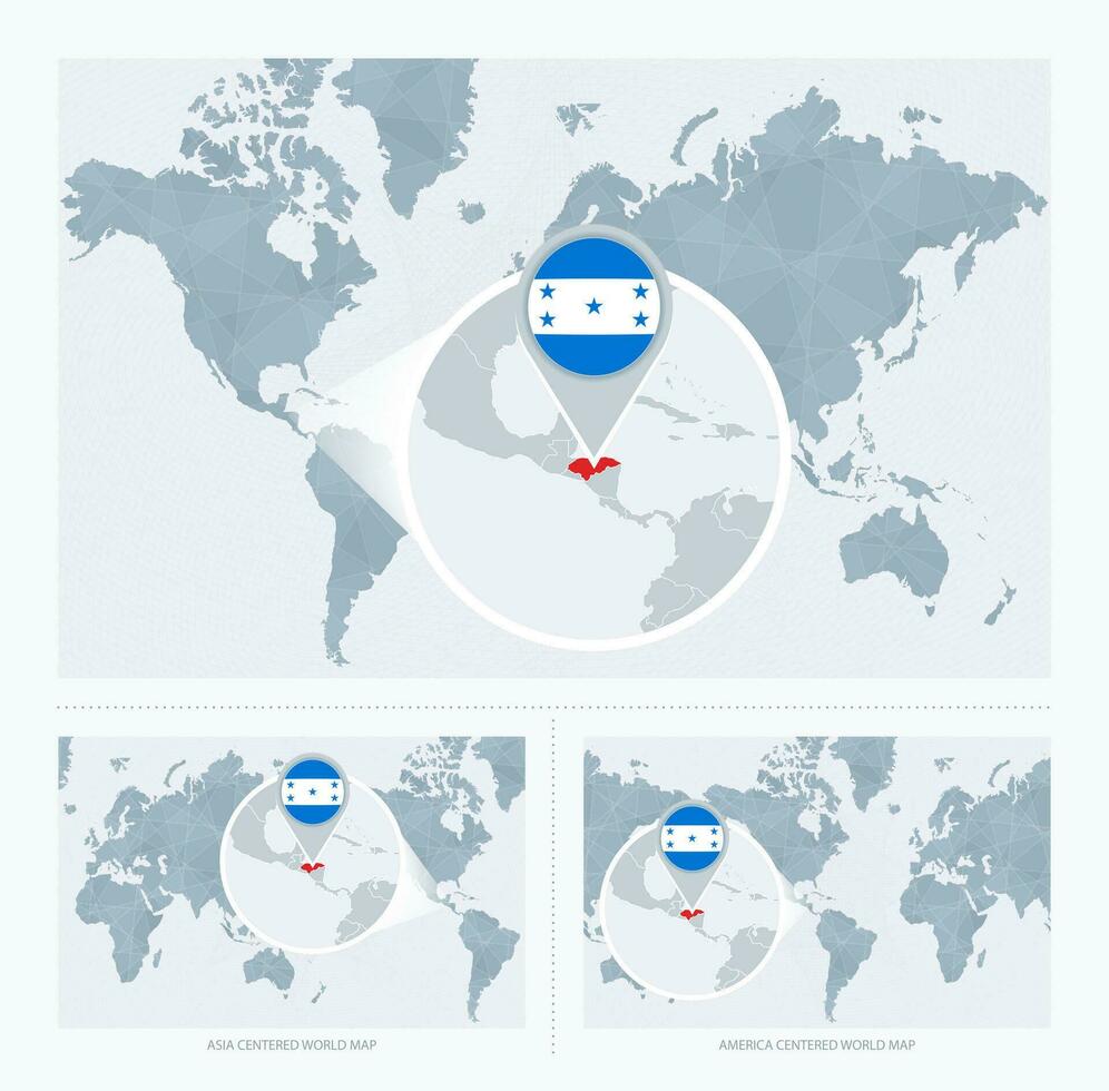 agrandie Honduras plus de carte de le monde, 3 versions de le monde carte avec drapeau et carte de Honduras. vecteur