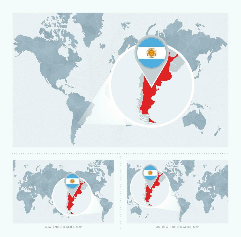 agrandie Argentine plus de carte de le monde, 3 versions de le monde carte avec drapeau et carte de Argentine. vecteur