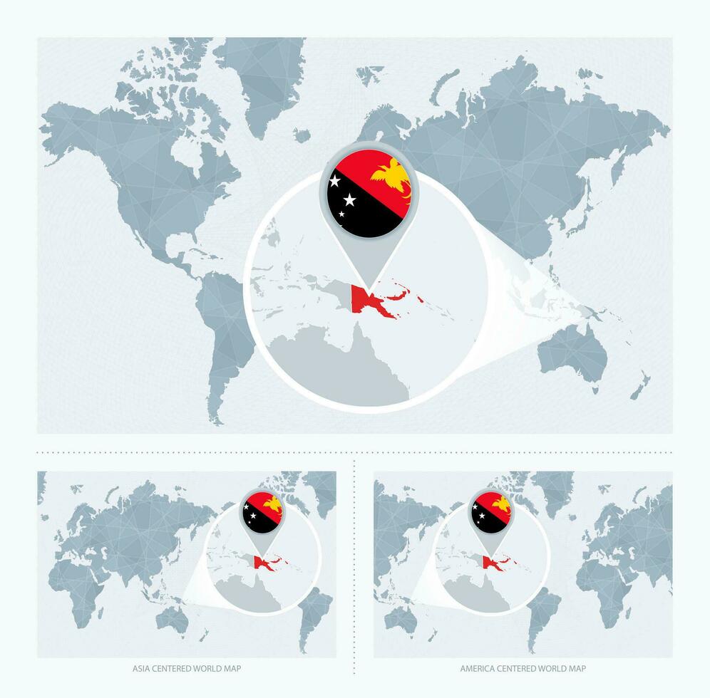 agrandie papouasie Nouveau Guinée plus de carte de le monde, 3 versions de le monde carte avec drapeau et carte de papouasie Nouveau Guinée. vecteur