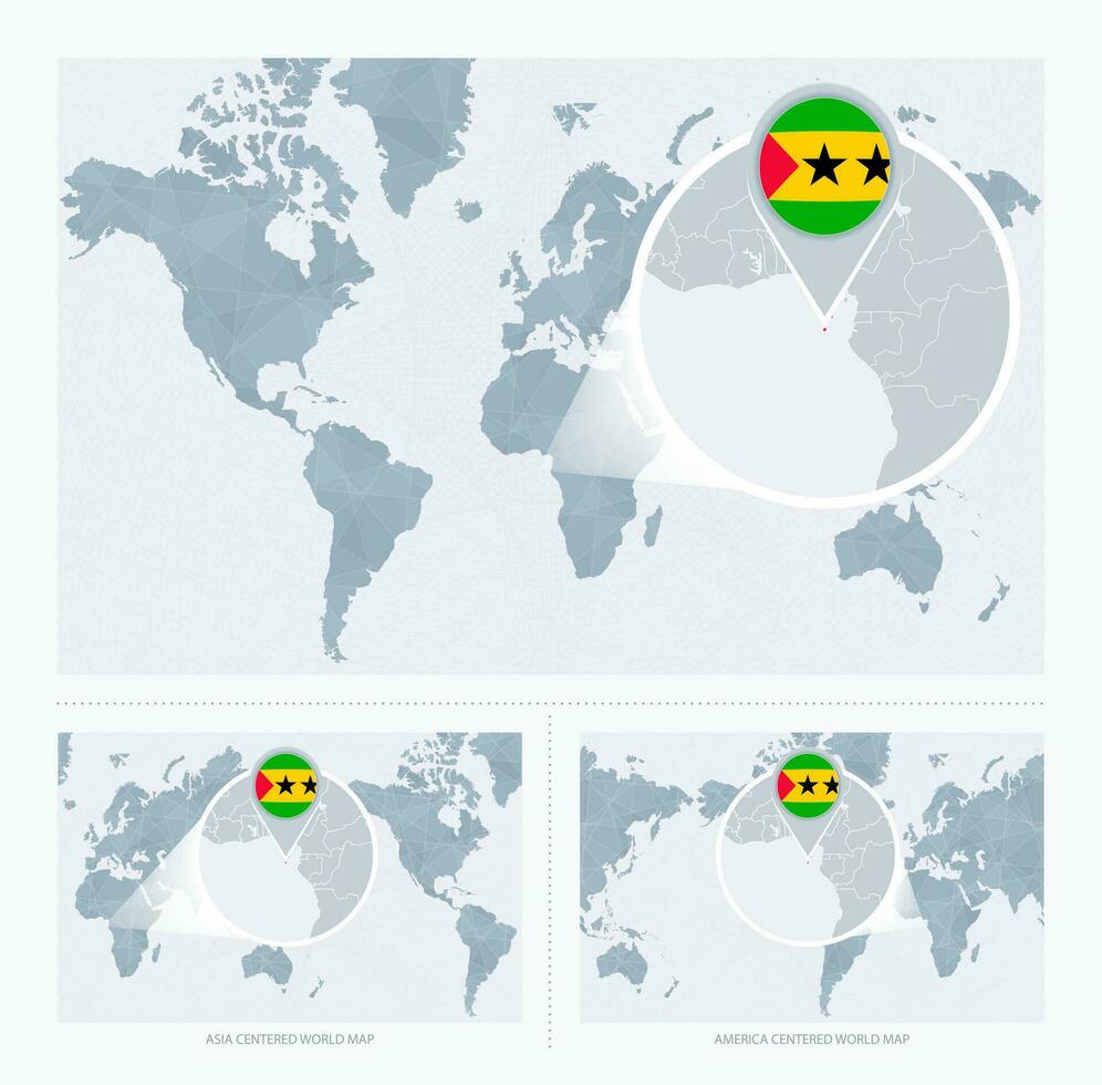 agrandie sao tome et principe plus de carte de le monde, 3 versions de le monde carte avec drapeau et carte de sao tome et principe. vecteur