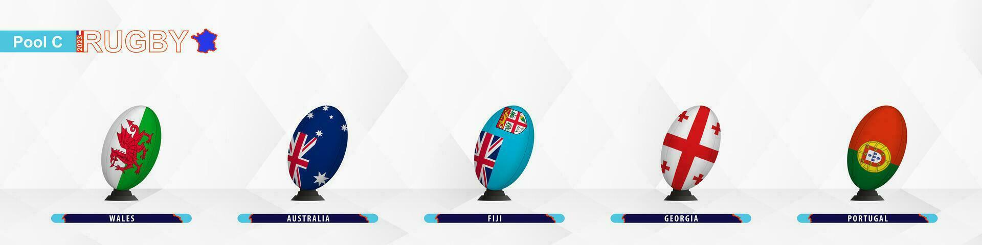 le rugby 2023 participant de bassin c drapeaux dans le rugby Balle style, le rugby Balle sur donner un coup rester. vecteur