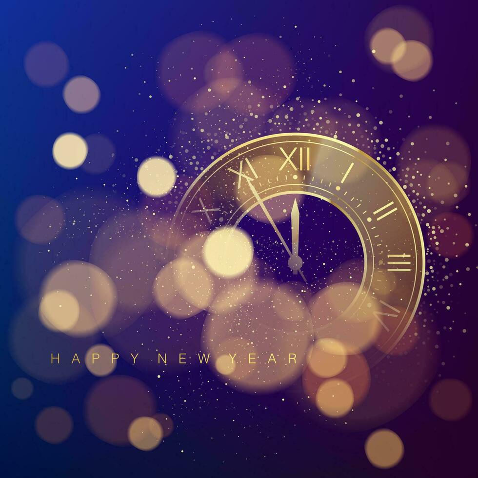 d'or l'horloge cadran avec romain Nombres sur la magie Noël briller Contexte avec bokeh. Nouveau année compte à rebours et carillons. cinq minutes avant douze. vecteur