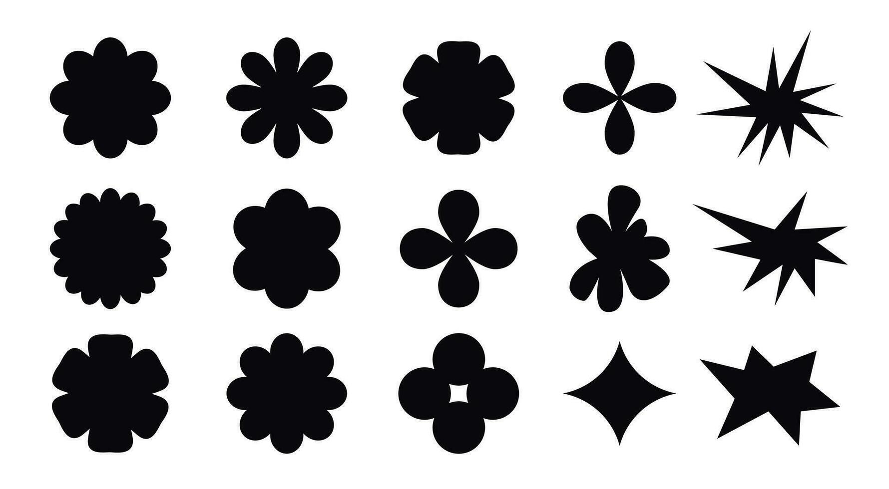 noir modèle formes de fleurs et blobs sur une blanc Contexte. camomille, étoile, goutte et autre éléments dans une à la mode rétro style. vecteur illustration.