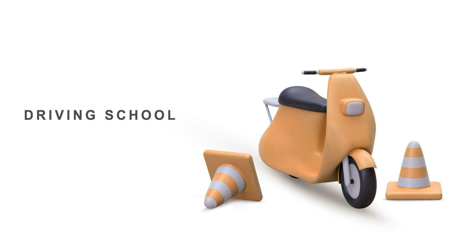 3d réaliste bannière conduite école avec scooter. vecteur illustration.