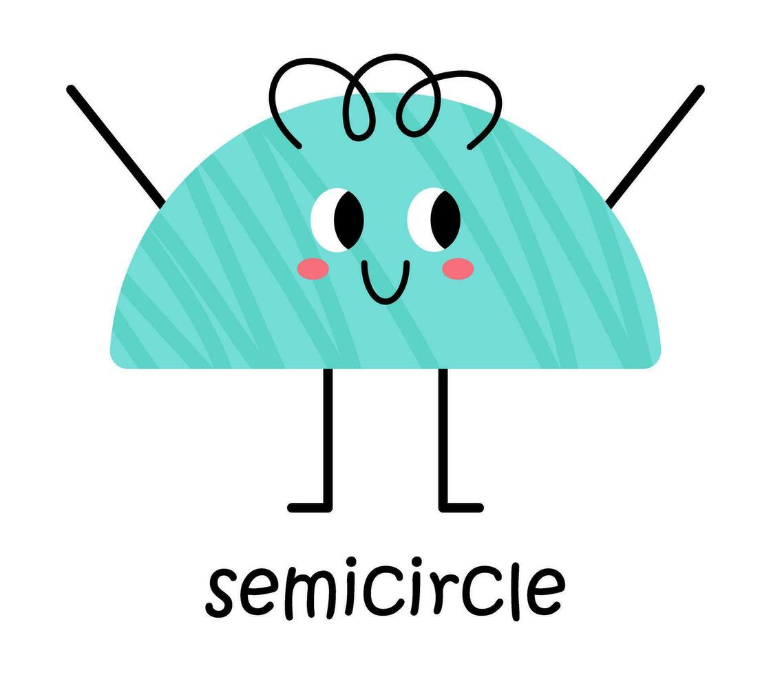 vecteur bleu demi-cercle personnage. mignonne géométrique figure avec affronter, rougir et cheveux. illustration avec texte pour école et Jardin d'enfants. mignonne marrant demi-cercle bague forme personnage pour des gamins conception.