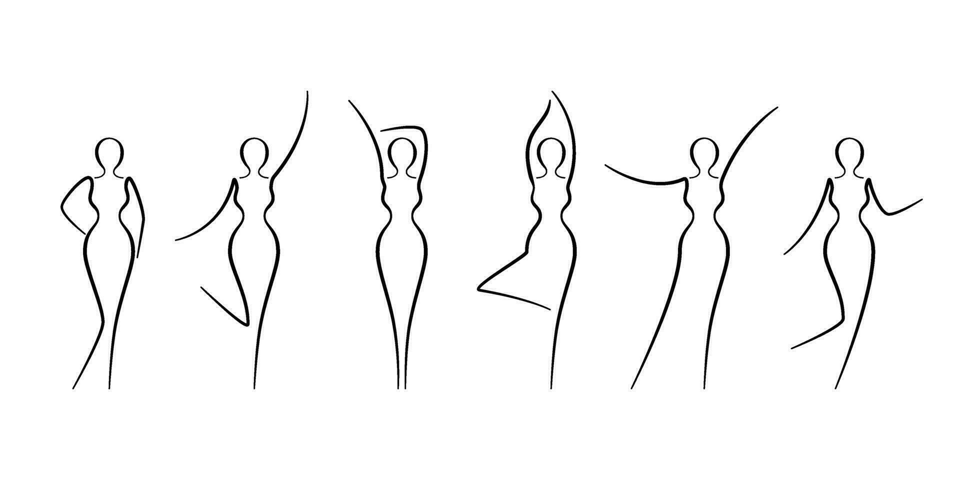 femme corps esquisser, ligne art Icônes ensemble. divers femelle pose contour silhouettes, modèle, chiffre. abstrait signe de fille pour bien-être centre, sport, danse, beauté salon et spa. vecteur illustration