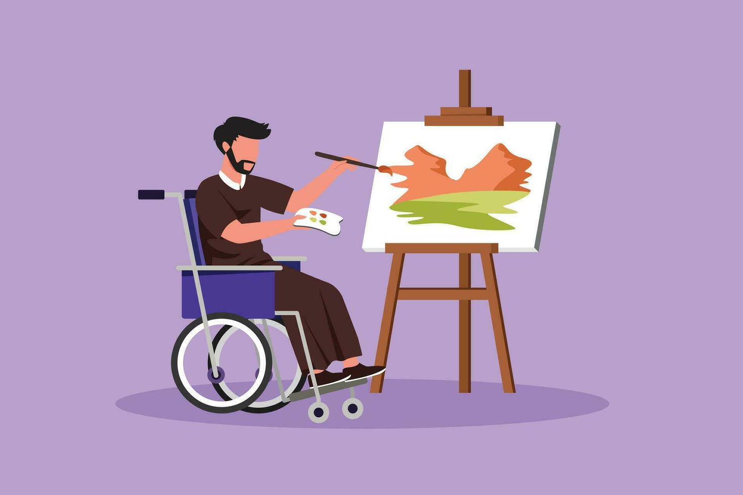 graphique plat conception dessin de désactivée arabe homme dans fauteuil roulant La peinture paysage sur toile. réhabilitation physiothérapie traitement. physique invalidité activité. dessin animé style vecteur illustration