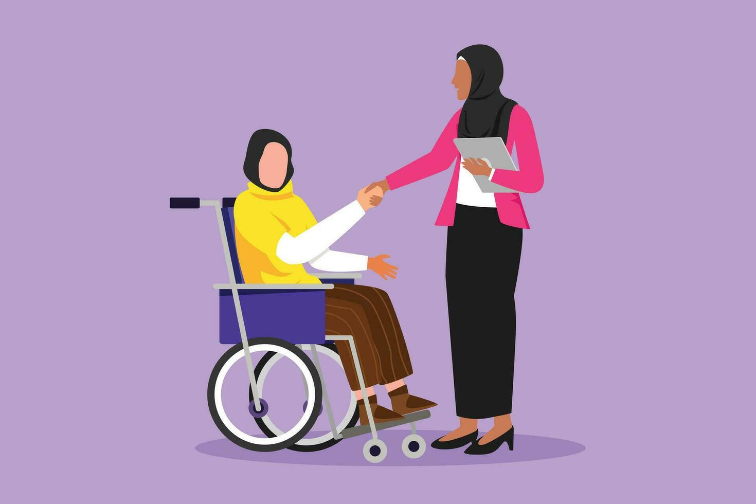 personnage plat dessin invalidité emploi responsabilité, travail pour désactivée personnes. désactiver arabe femme asseoir dans fauteuil roulant tremblement main avec collègue dans bureau. dessin animé conception vecteur illustration