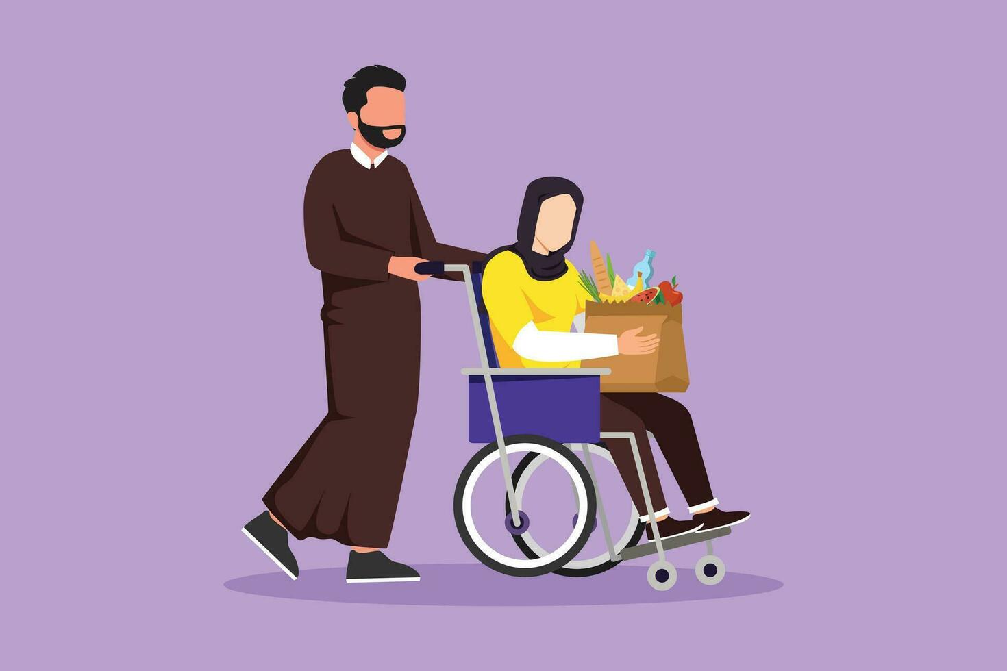 dessin animé plat style dessin arabe homme justificatif, soins désactivée vieux femme sur fauteuil roulant. bénévole portion et prise se soucier de Sénior femme à achats à marché. graphique conception vecteur illustration