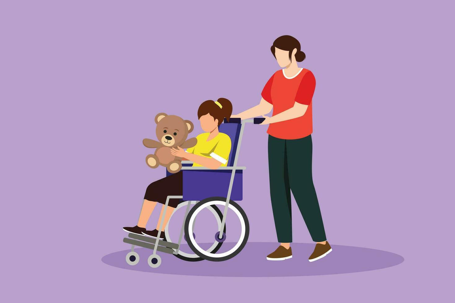 personnage plat dessin de mère avec magnifique désactivée fille dans fauteuil roulant venu pour examen à clinique hôpital. maman aide enfant avec handicapées traitement. dessin animé conception vecteur illustration