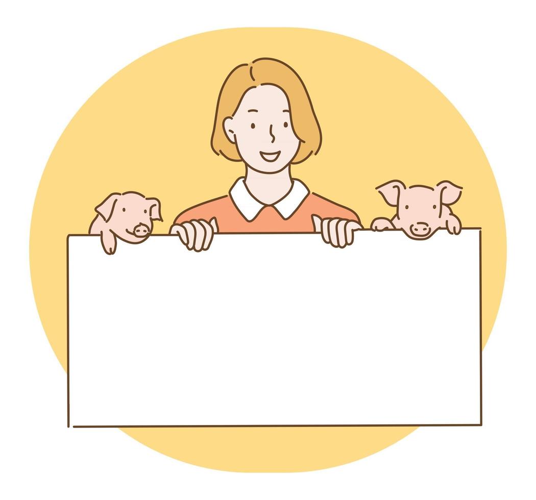 une femme tient un tableau blanc avec de mignons petits cochons à côté d'elle. illustrations de conception de vecteur de style dessinés à la main.
