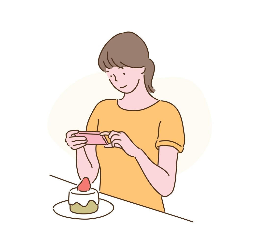 une femme prend des photos d'un gâteau avec son téléphone portable. illustrations de conception de vecteur de style dessinés à la main.