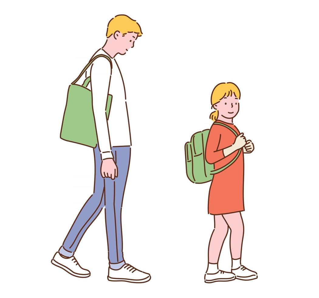 un homme et une fille avec des sacs verts. illustrations de conception de vecteur de style dessinés à la main.