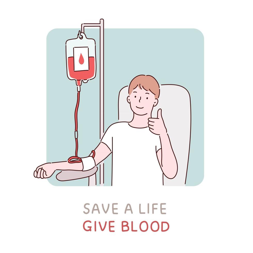 bannière de promotion du don de sang. un homme prend du sang et lève le pouce. illustrations de conception de vecteur de style dessinés à la main.