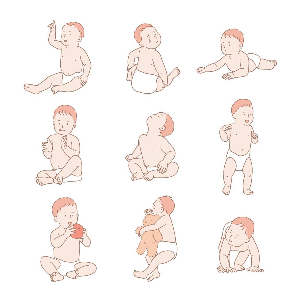 bébé mignon pose. illustrations de conception de vecteur de style dessinés à la main.