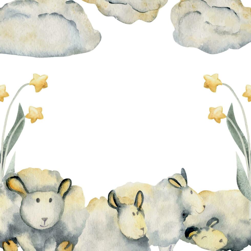 aquarelle main tiré illustration, mignonne bébé mouton avec des nuages et magique étoile fleurs. frontière Cadre isolé sur blanc Contexte. texturé effet. pour enfants, les enfants chambre à coucher, tissu, linge de maison impression vecteur
