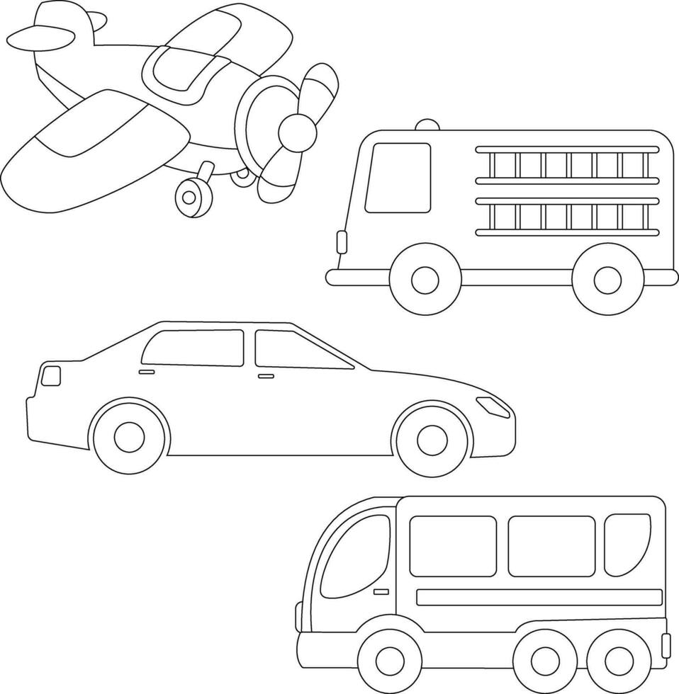 contour transport clipart paquet dans dessin animé style pour des gamins et les enfants comprend 4 Véhicules vecteur