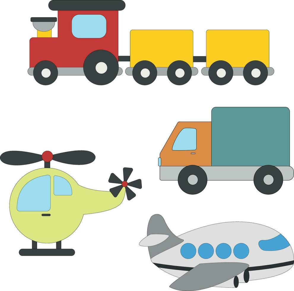 coloré kawaii transport clipart collection dans dessin animé style pour des gamins et les enfants comprend 4 Véhicules vecteur