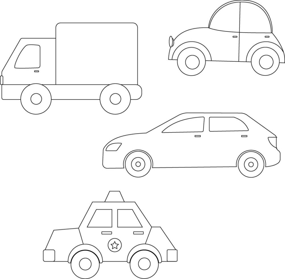 contour kawaii transport clipart collection dans dessin animé style pour des gamins et les enfants comprend 4 Véhicules vecteur