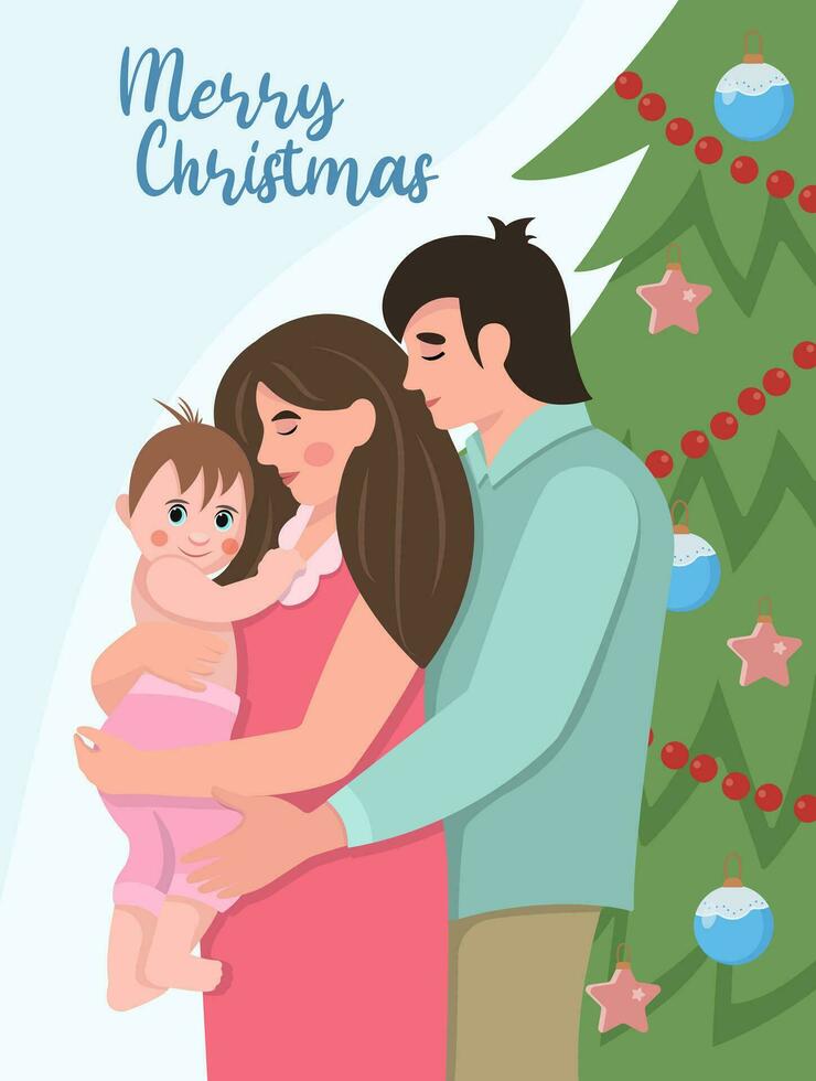 vacances concept. magnifique femme avec une bébé dans sa bras. le mari câlins le sien épouse et enfant sur le Contexte de le Noël arbre. confortable hiver vecteur illustration dans plat style. nouveau née.