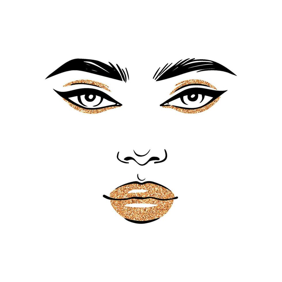 femme or briller maquillage illustration. mode fille visage portrait. d'or lèvres et le fard à paupières vecteur