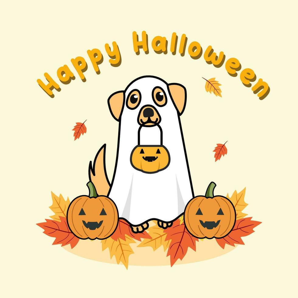 content Halloween vecteur des illustrations et modèle avec une mignonne fantôme chien, et citrouille isolé sur le Contexte.