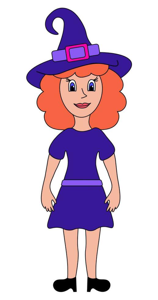 peu sorcière. Halloween faire la fête. rouge cheveux fille dans violet costume. sorcière chapeau et robe. vecteur plat illustration.