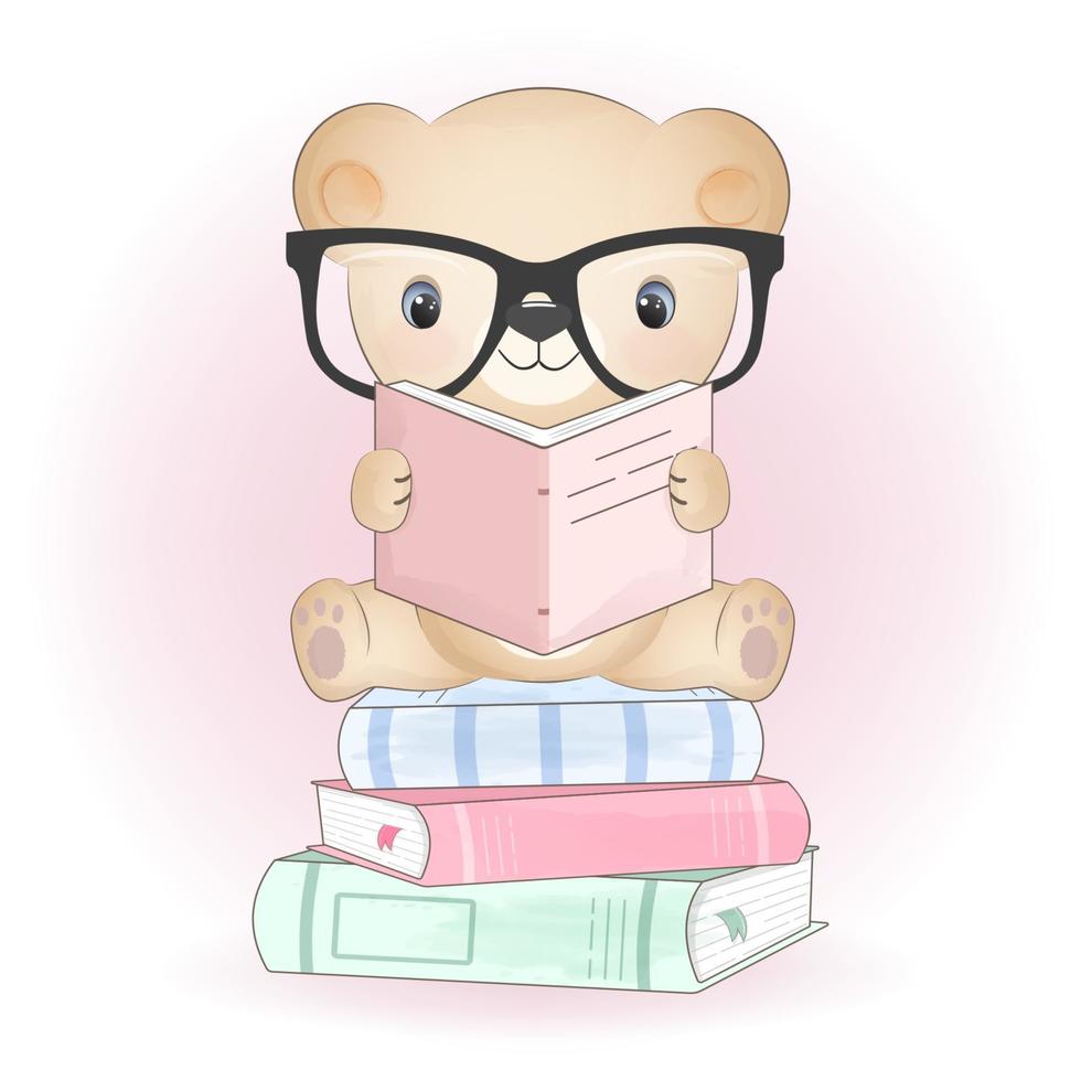 mignon petit ours et livres illustration dessinée à la main vecteur