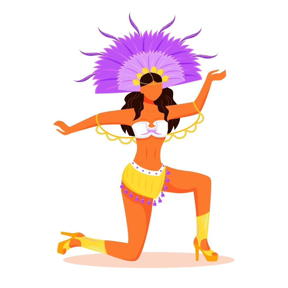 fille exécutant un personnage sans visage de vecteur de couleur plate samba. dame latino sur les talons. femelle en couronne violette. illustration de dessin animé isolé femme dansante pour la conception graphique et l'animation web