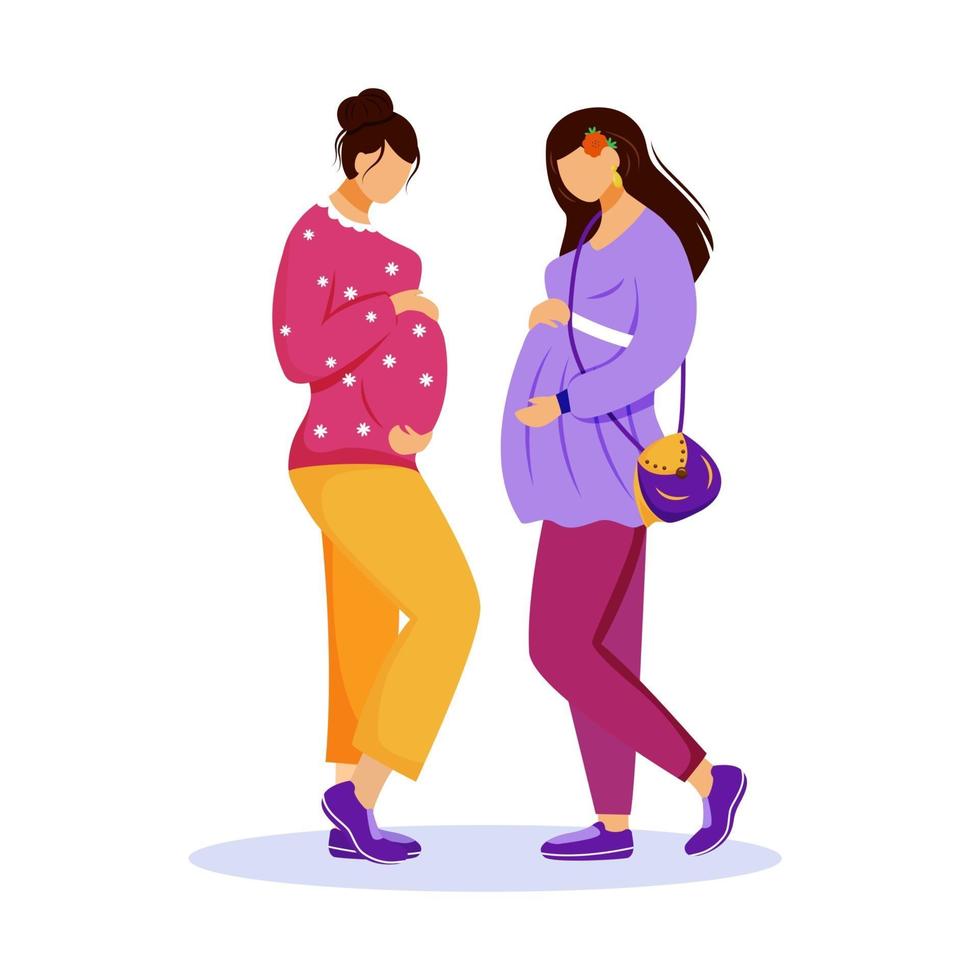 illustration vectorielle plane de deux femmes enceintes. amitié féminine. en attendant les bébés. filles amies caressant leur ventre à la rencontre de personnages de dessins animés isolés sur fond blanc vecteur