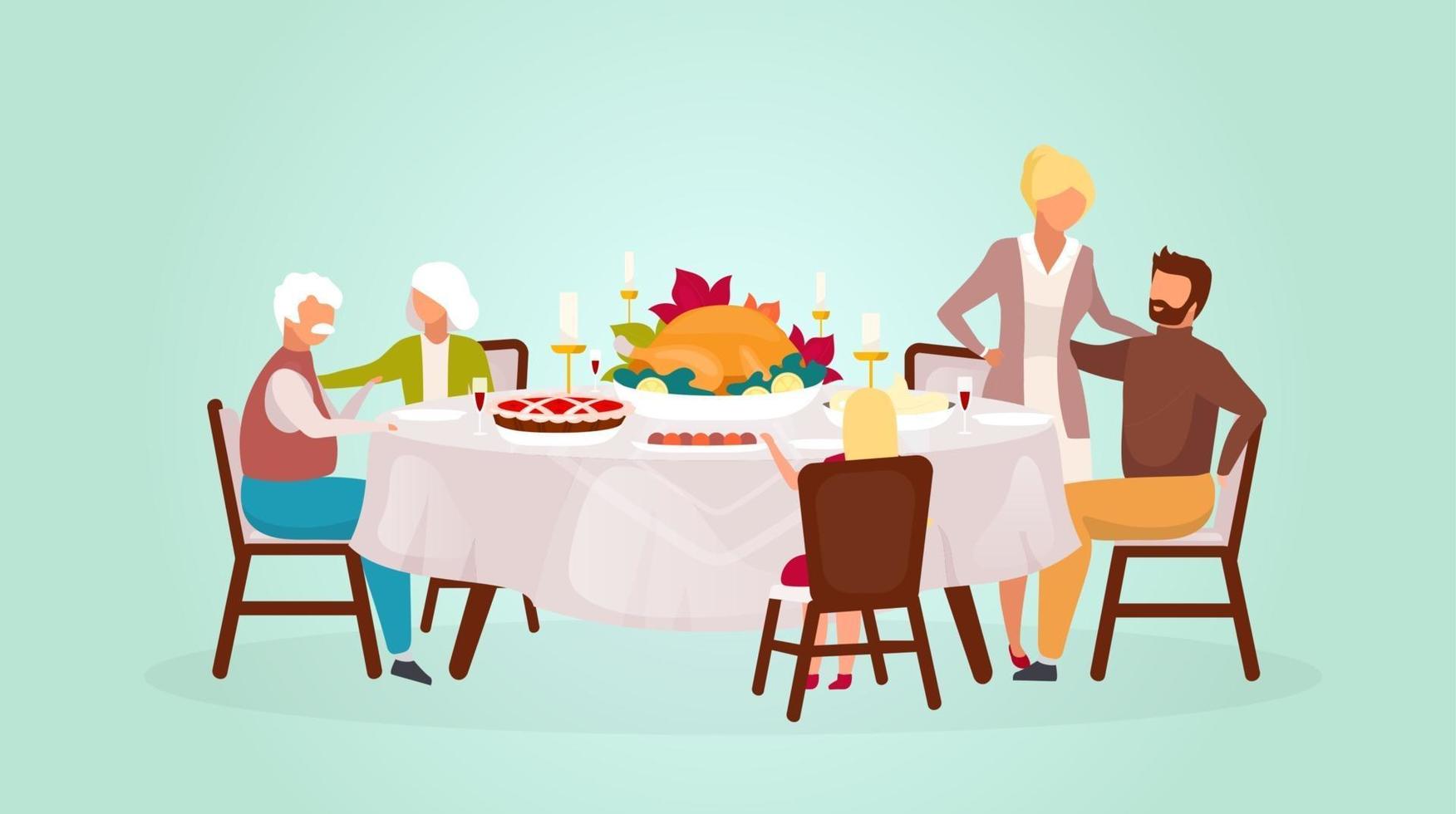 illustration vectorielle plane de thanksgiving. célébration des vacances d'automne. repas de fête annuel. célébrer la récolte avec les grands-parents. joyeux dîner en famille avec des personnages de dessins animés de dinde vecteur