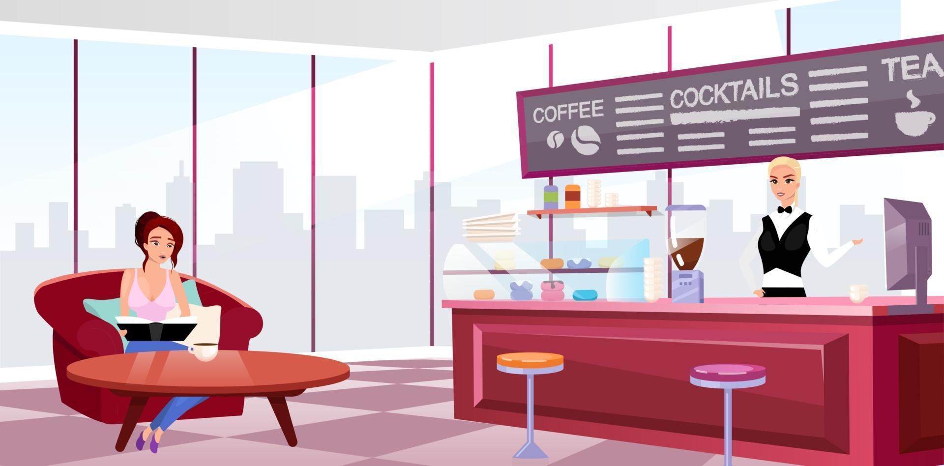 illustration vectorielle plane d'intérieur de café de mégapole. jeune fille dans un fauteuil confortable buvant du café. barista au personnage de dessin animé de travail. fenêtres panoramiques à la mode dans un café élégant vecteur