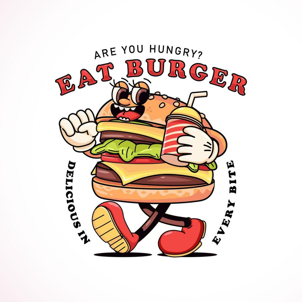 dessin animé Burger mascotte en marchant tandis que porter une boire. parfait pour logos, mascottes, tee-shirts, autocollants et affiches vecteur