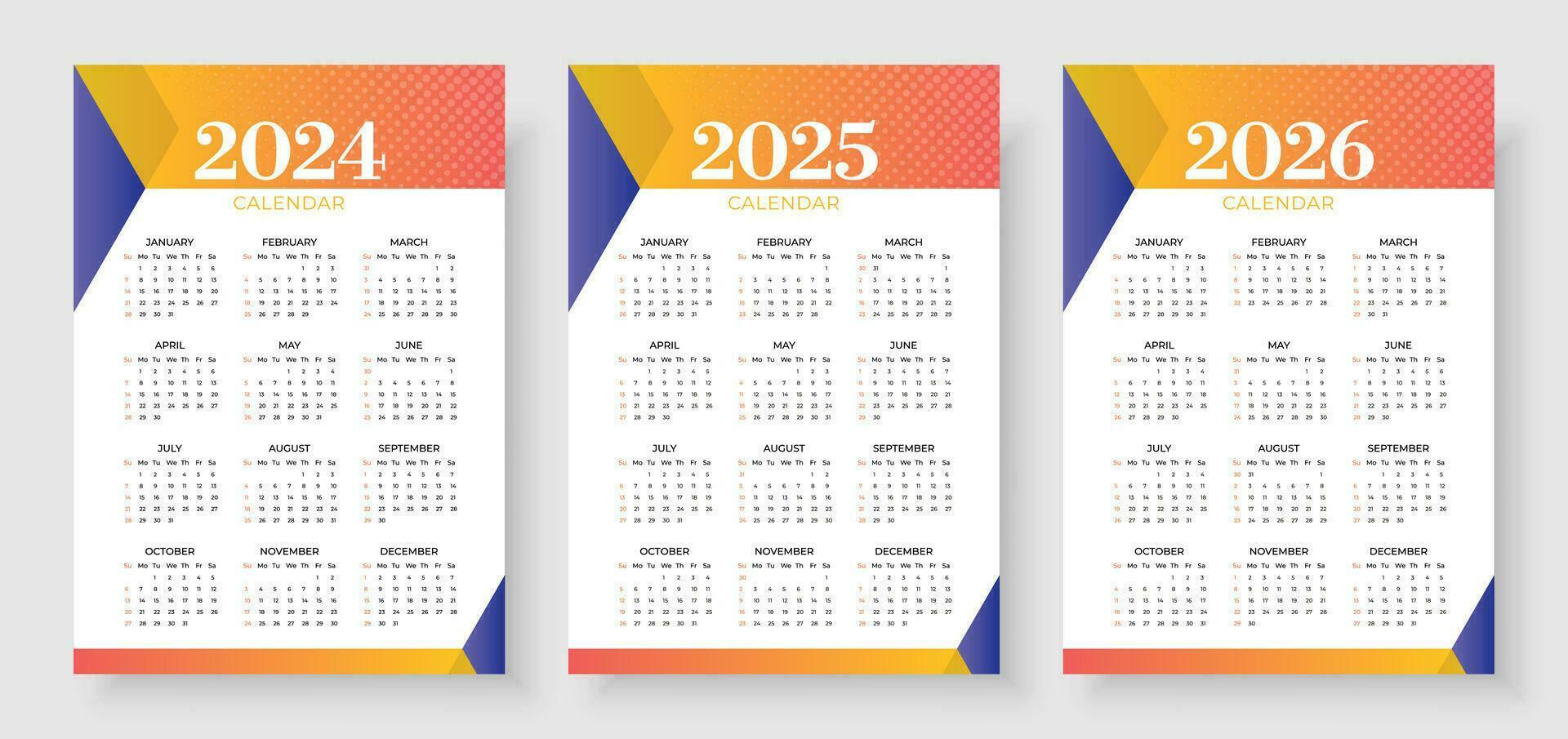 calendrier 2024, calendrier 2024 et calendrier 2026 la semaine début  dimanche entreprise conception planificateur modèle. Facile verticale  calendrier conception modèle 26319939 Art vectoriel chez Vecteezy