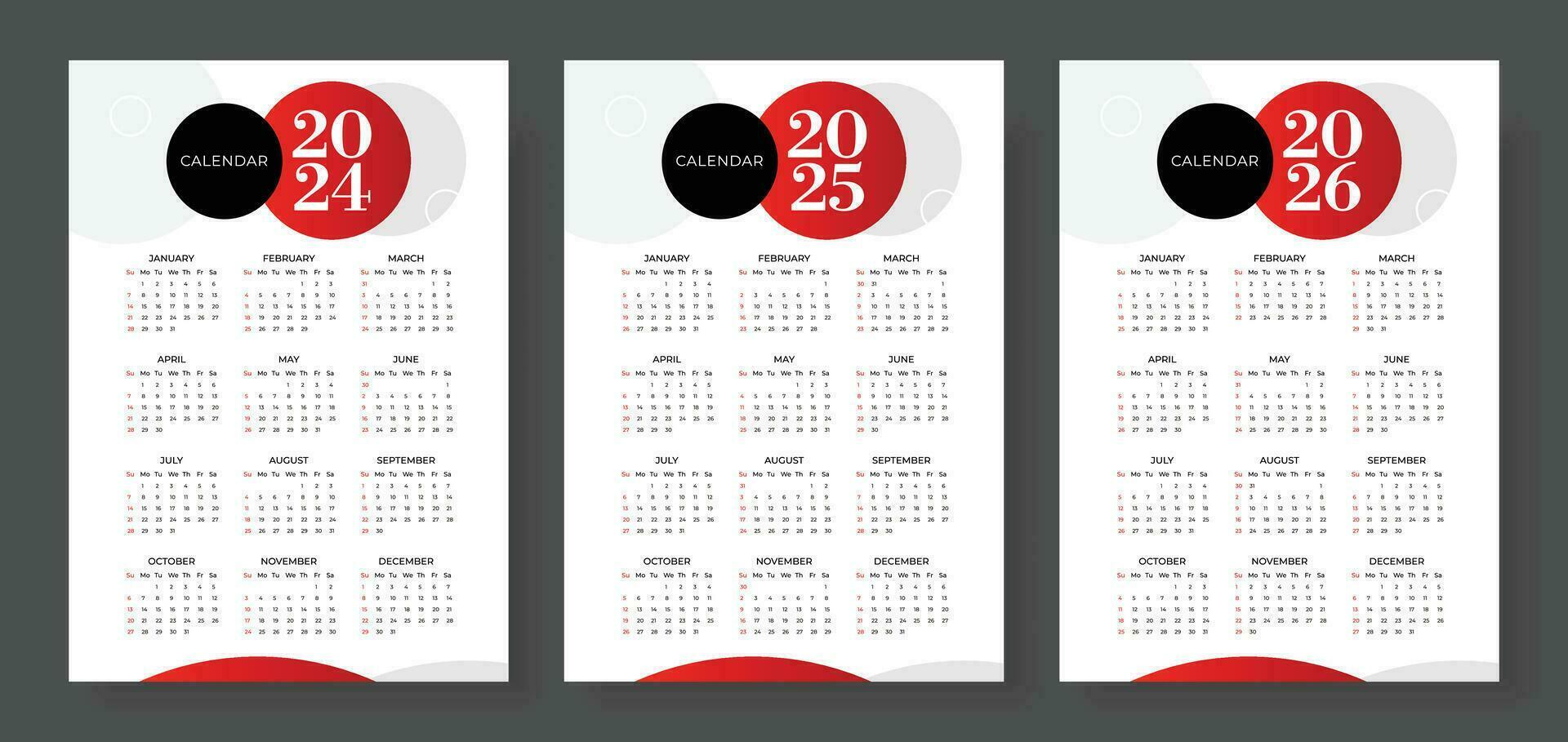 2024, 2025 et 2026 calendrier ensemble, la semaine début dimanche, Facile verticale calendrier conception modèle. entreprise conception planificateur modèle. mur calendrier dans une minimaliste style vecteur