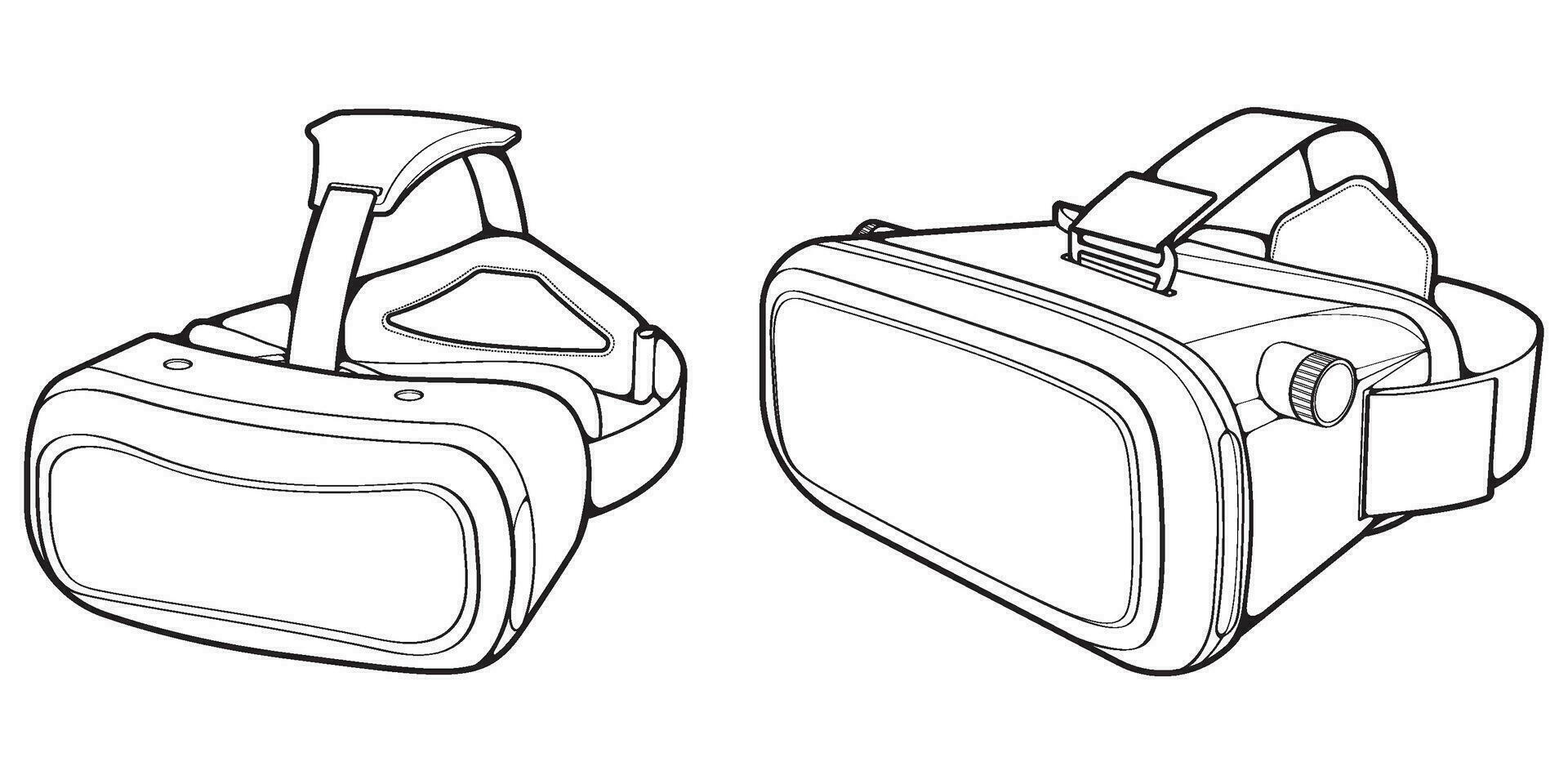 ensemble de virtuel réalité casque contour dessin vecteur, virtuel réalité casque tiré dans une esquisser style, noir ligne virtuel réalité casque formateurs modèle contour, vecteur illustration.